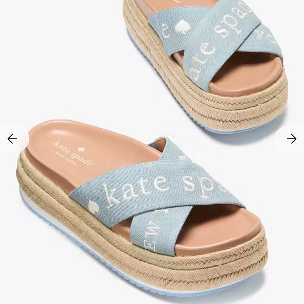 kate spade Light Blue and Tan Espadrille Platform Slide Sandals
